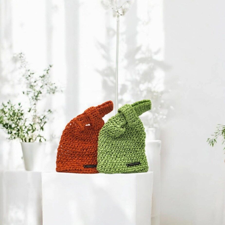 sac japonais crocheté en raphia orange et vert